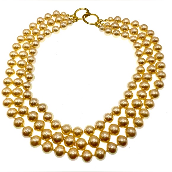 Vintage Multistrand Large Glass Cream Colored Pearls Graduating Length Gold Tone - Picture 3 of 7